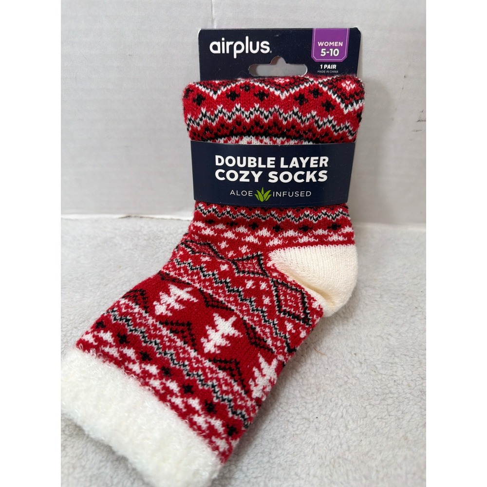 Airplus Cozy Socks Women 5-10 Red Fair Isle Aloe Infused Double Layer Crew
